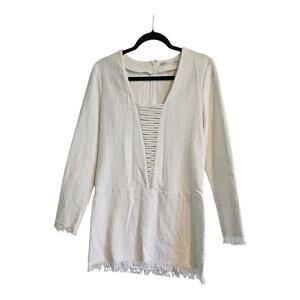 Ministry of Style White Linen Blend Dress SZ 4 Deep V-Neck Cord Detail Fray Hem